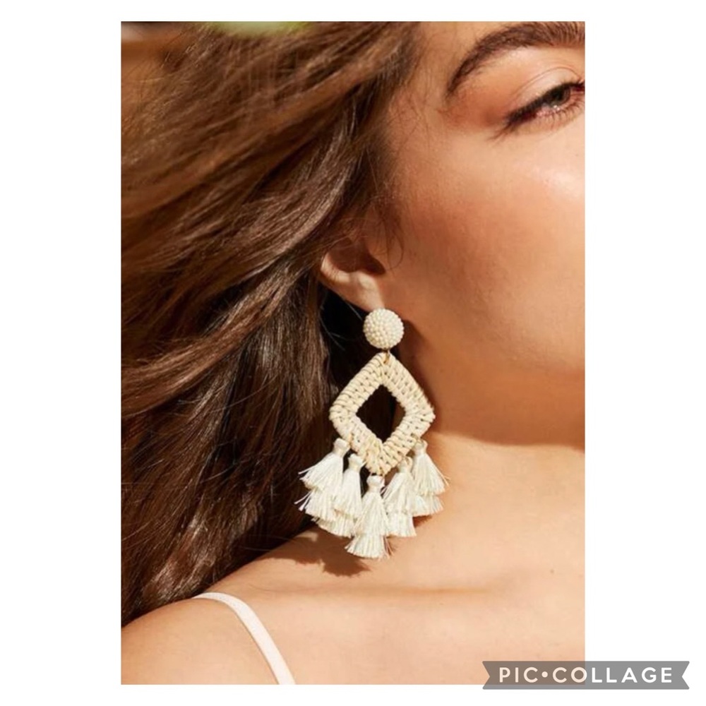 Large off white geometric tassel earrings